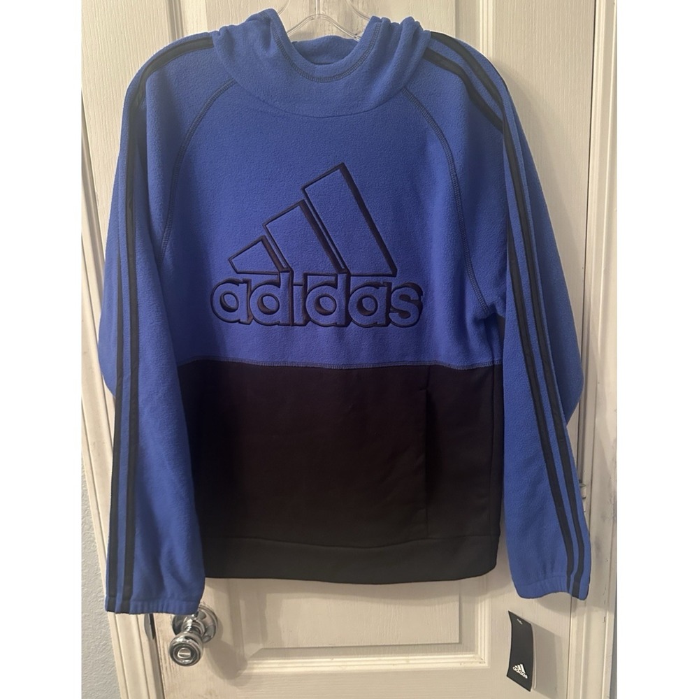 Adidas Boy's‎ Long Sleeve Black and Blue Fleece Hooded Sweatshirt Size XL 18/20